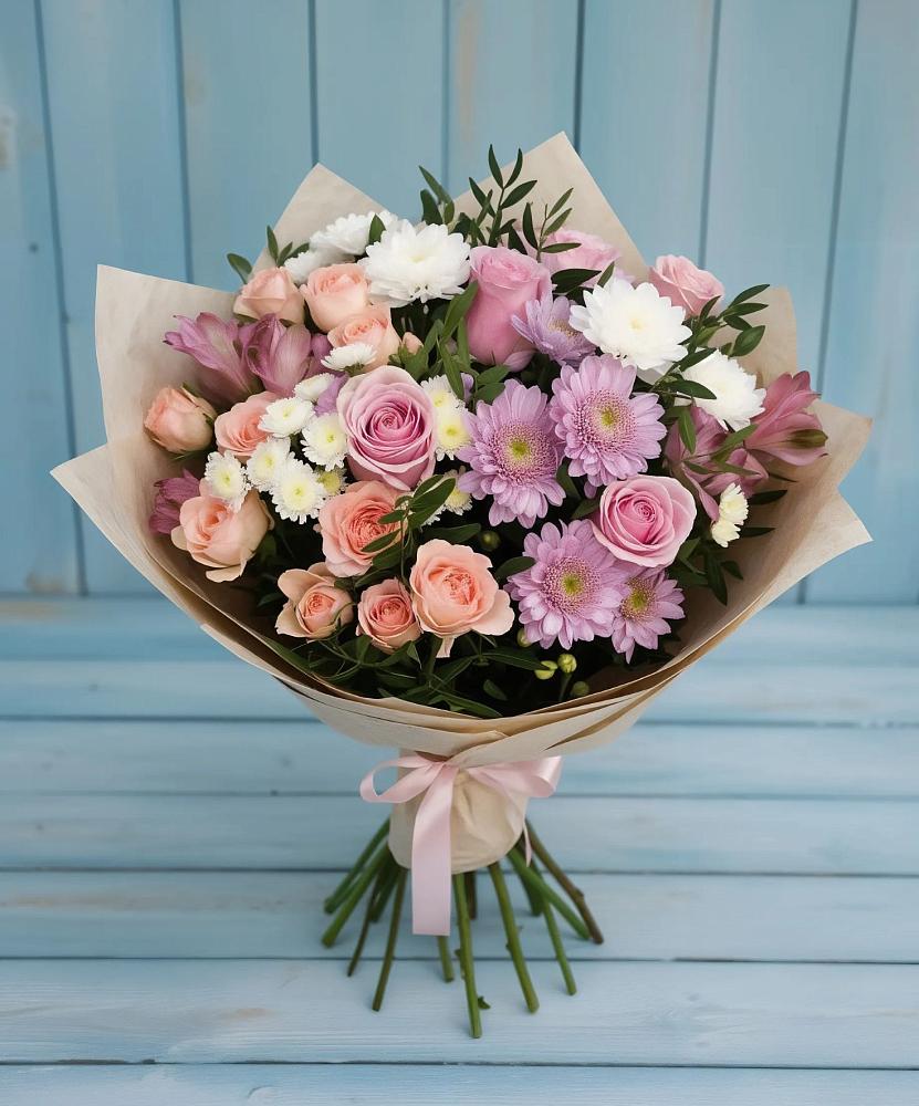 Букет цветов из: Хризантемы, Розы и Альстромерии в Пильне