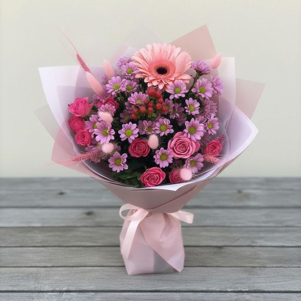 Букет цветов из: Розы, Герберы и Хризантемы в Пильне