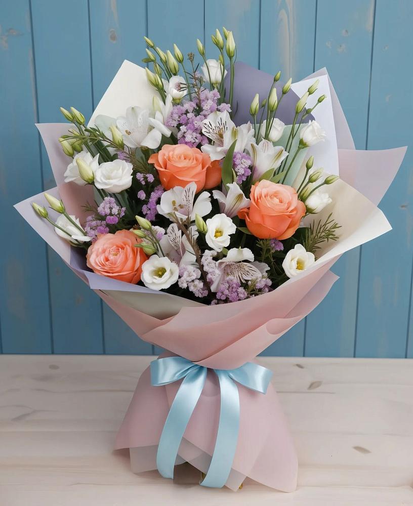 Букет цветов из: Лизиантусы, Розы, Альстромерии и Гипсофила в Пильне