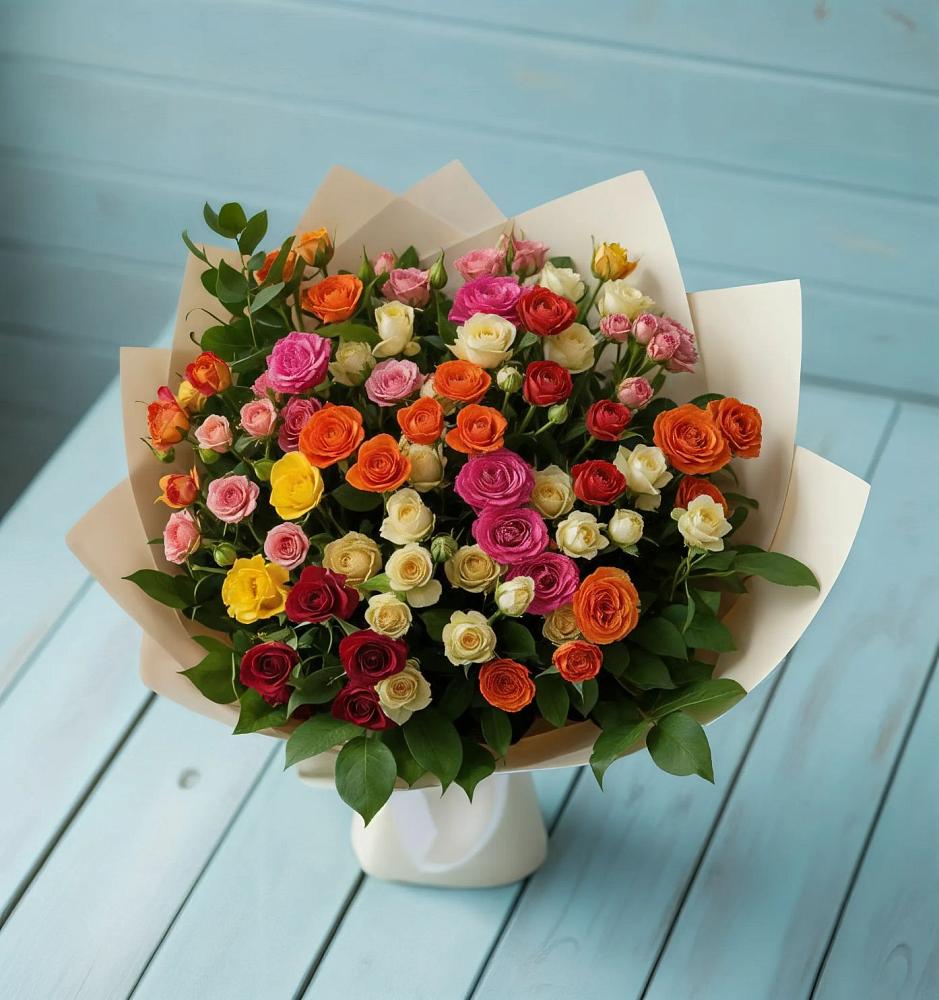 Букет Микс из разноцветных кустовых роз в Пильне