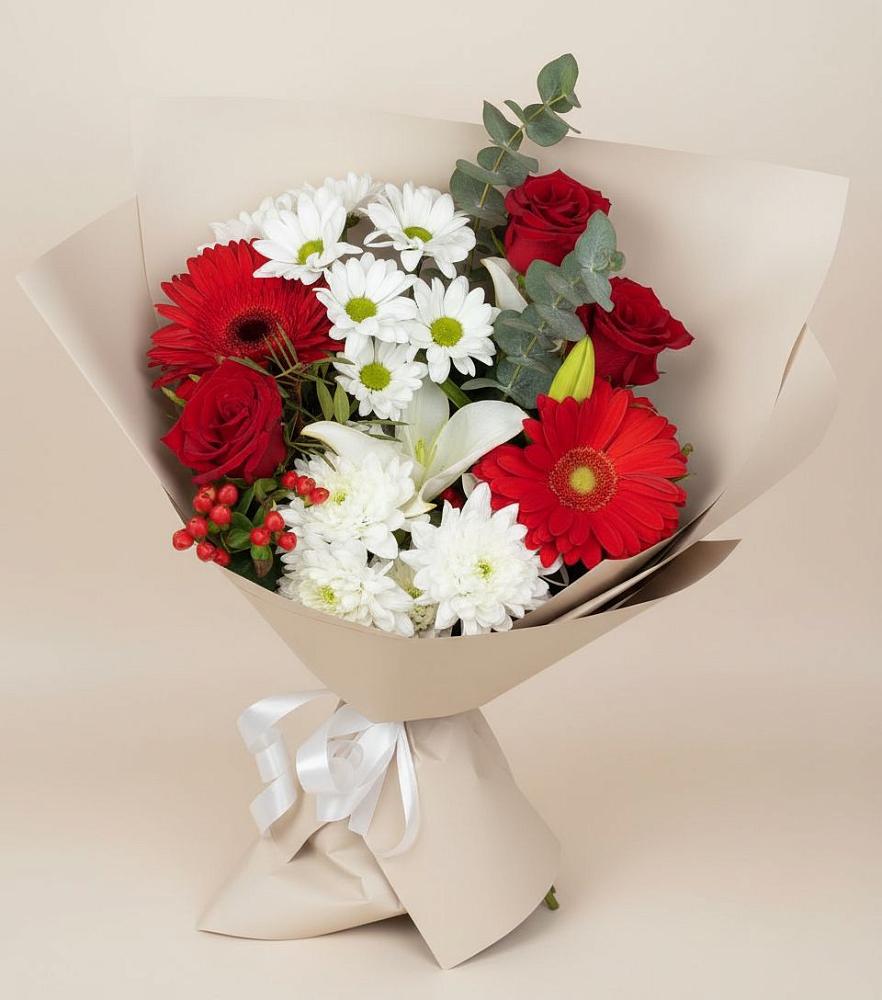 Букет цветов из: Розы, Хризантемы, Герберы и Лилии в Пильне