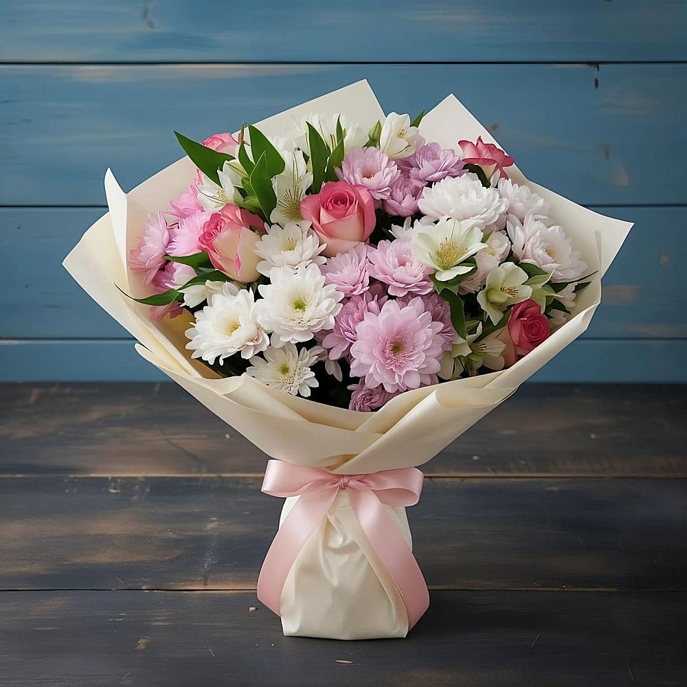 Букет цветов из: Хризантемы, Альстромерии и Розы в Пильне